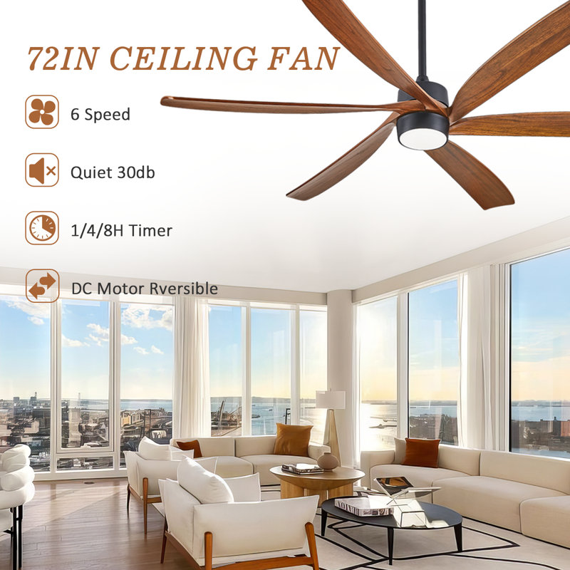 Ventilateur de plafond en bois massif à 6 pales avec lumière, design décoratif moderne, 72"