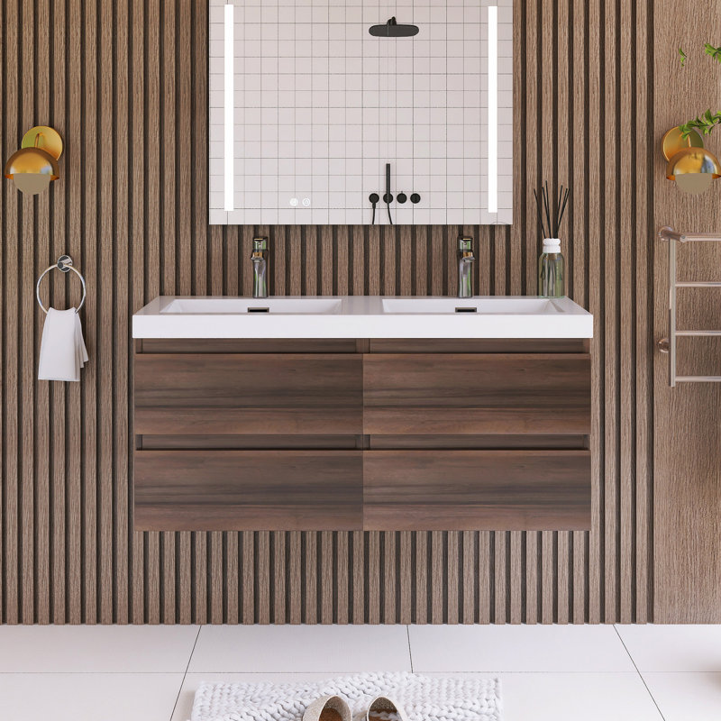 Meuble-lavabo double avec plateau en résine 47,05 po Reggina, Chêne gris