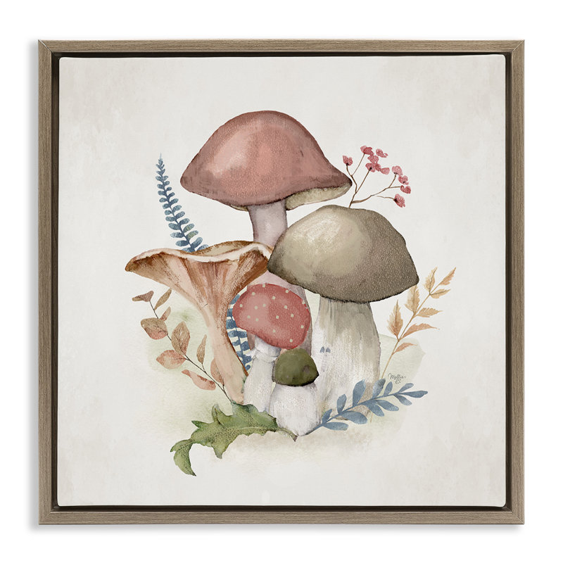 Cadre flottant champignon rose en fleurs, design par Mollie B., H 25 po x l 25 po, Cadre flottant orme Montalcino