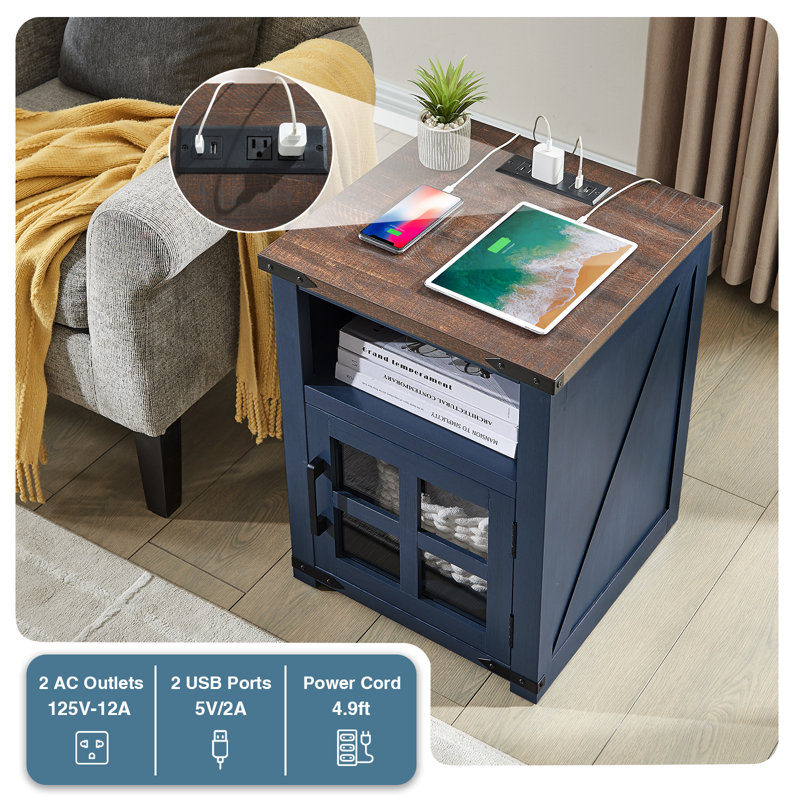 24''H Farmhouse End Table (Set Of 2) With Charging Station Rustic Nightstand, Navy