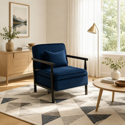 Mid Century Modern Accent Chair with Solid Wood Frame, Upholstered Living Room Chair with Storage and Waist Cushion for Reading and Relaxation