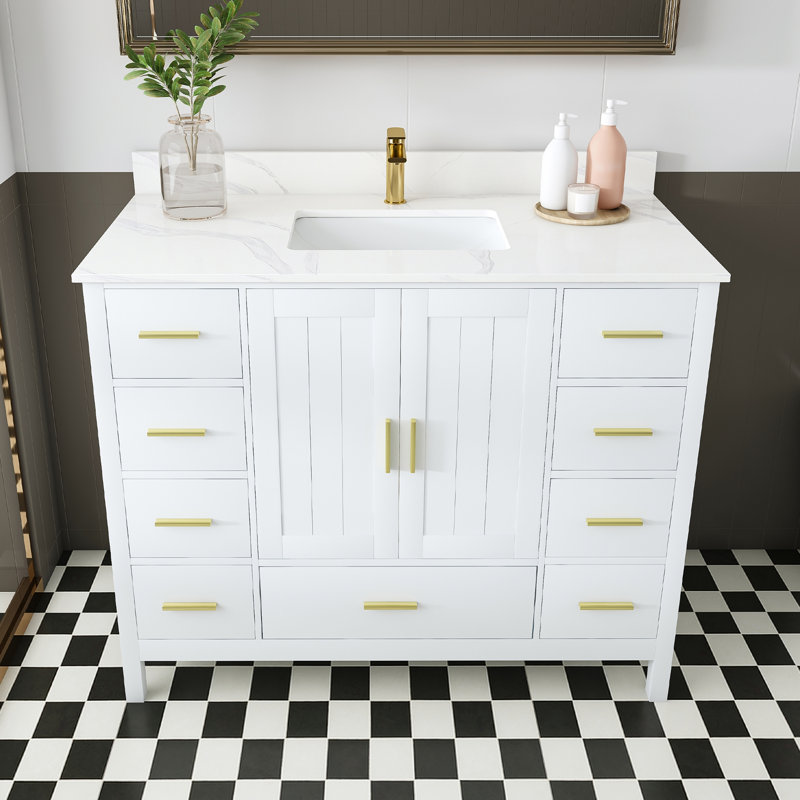 Meuble-lavabo moderne en bois massif avec lavabo, comptoir en quartz blanc Carrara de 43 po avec 1 trou de robinet pré-percé, 2 portes doubles à fermeture douce et 9 tiroirs spacieux avec glissières
