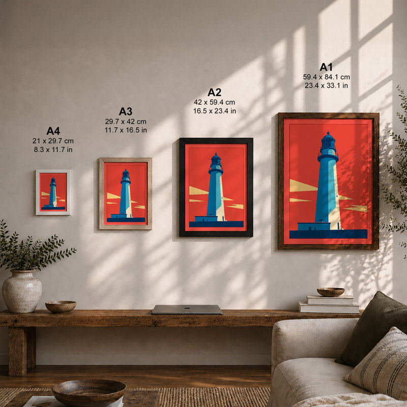 Lighthouse at Dawn Geometric - Framed Print, A2 - 59.4 x 42.0 cm, White