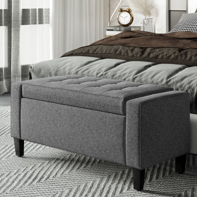 Banc de rangement en gris, revêtement en lin avec plateau relevable et bouton, polyvalent pour le salon comme repose-pieds, capacité de lit abondante, housse grise, fonctionnalité pratique
