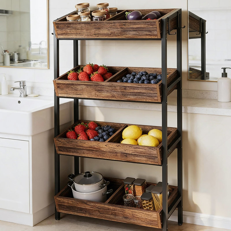 Organisateur de rangement en bois stable, support à légumes avec support à vin, capacité de 8 bacs pour la cuisine et le marché