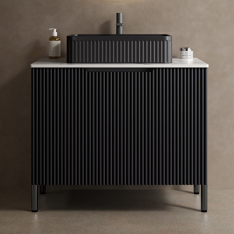 30" Wide Fluted Bathroom Vanity with Sintered Stone Top and Ceramic Sink, Freestanding Vanity Cabinet with Storage, Black