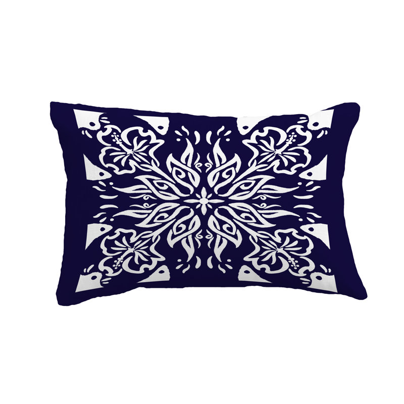 Cuban Geometric Outdoor Reversible Throw Pillow, Navy Blue