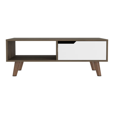 Table basse 2.0 Bull, un tiroir, quatre pieds, finition brun foncé / blanc