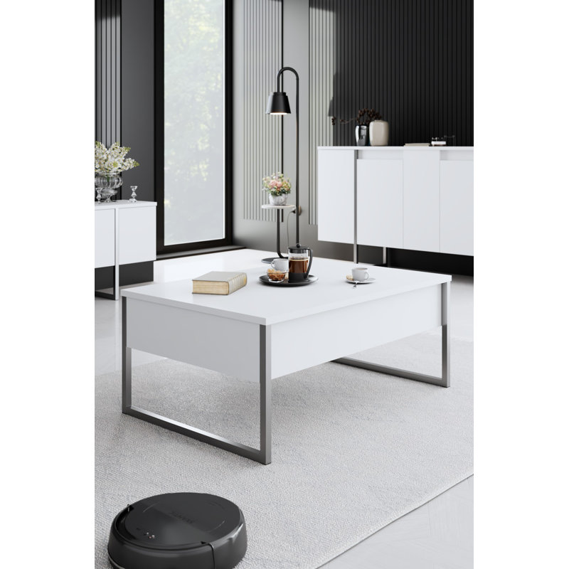 Modern Coffee Table with Metal Legs, White & Silver, 35.4 x 23.6 x 15.7 Inches | 100% Melamine Coated Particle Board, Thickness: 0.7 Inches | Stylish Industrial Design for Living Room & Home Spaces