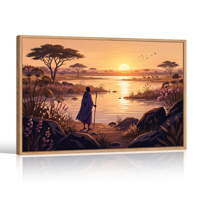 Art mural sur toile "Figurine en cape mauve debout au bord d'une rivière au coucher du soleil"