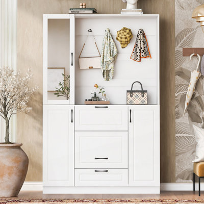 Integrated Shoe Cabinet, 3-In-1 Design Cabinet With Mirrored Door, Hall Tree With 4 Sturdy Hooks