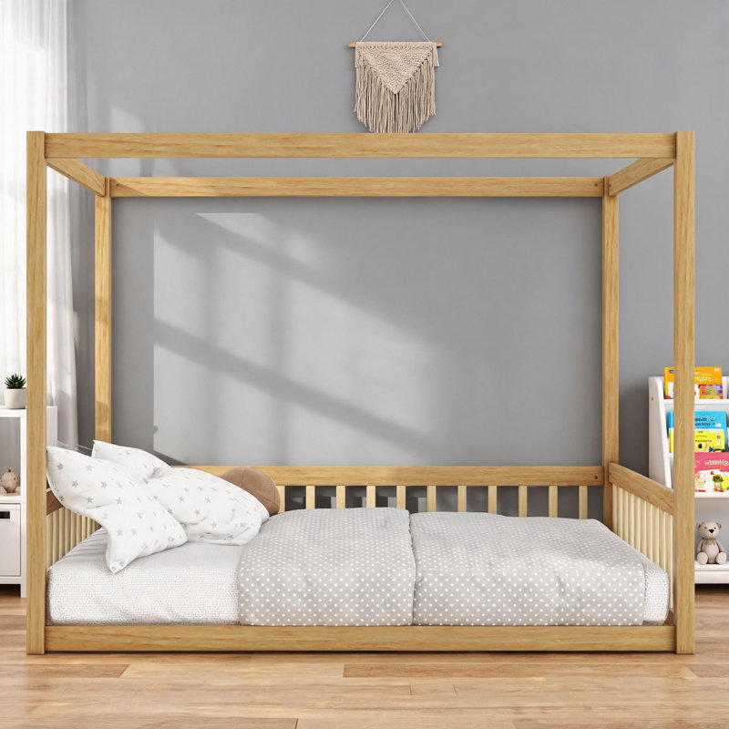 Lit double au sol, structure à baldaquin en bois d'hévéa avec garde-corps de sécurité, idéal pour la chambre à coucher