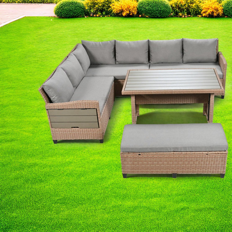 Ensemble de salle à manger de patio en rotin durable, conception moderne extensible pour l'extérieur