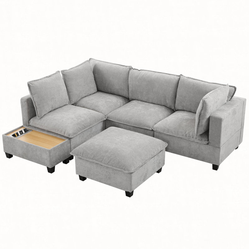 90" U-shaped Sectional Sofa Modular Sofa Couch with a Movable Ottoman , a Coffee Table with Hidden Charging Devices for Living Room