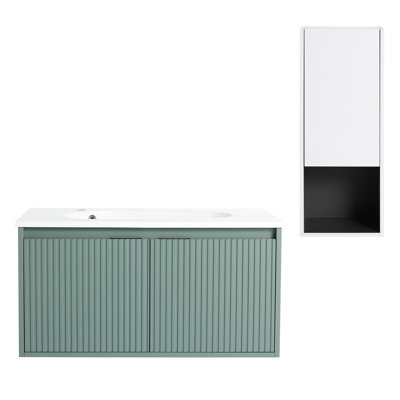Armoire de salle de bain moderne 36 po avec lavabo en résine et compartiment latéral / blanc, fermeture en douceur, évier en contreplaqué