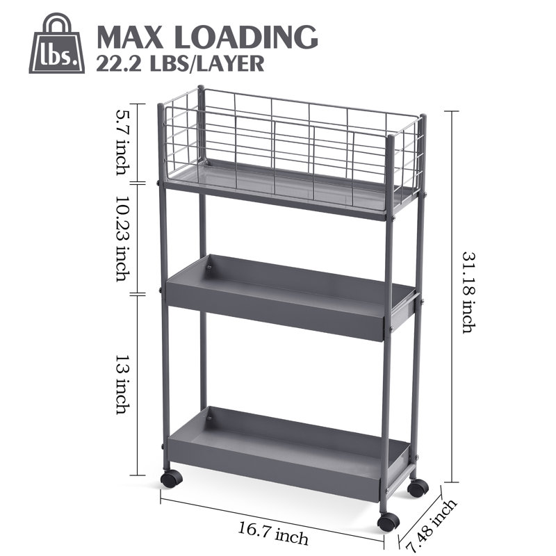 3-Tier Metal Utility Cart, Slim Storage Cart Metal Rolling Cart, Dark Grey