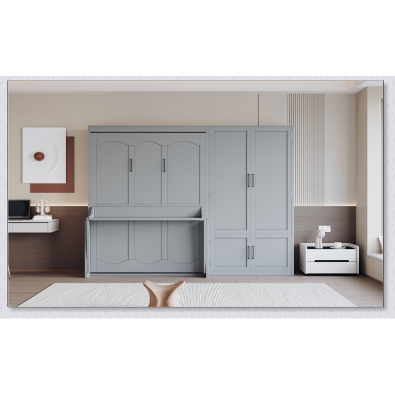 Grand lit escamotable mural avec placard, Gris