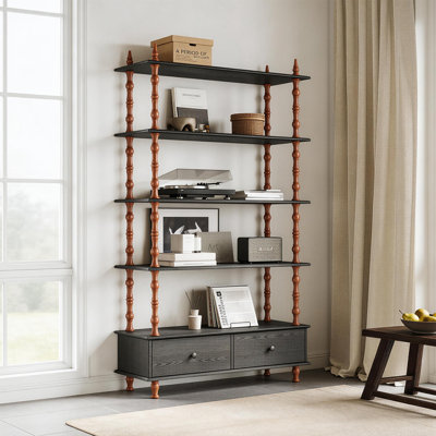 74.4" Tall 5-tier Wood Bookcase,  Black Shelving Unit With Storage Drawers, Solid Wood Veneer Free Standing Shelves For Living Room, Study & Kitchen