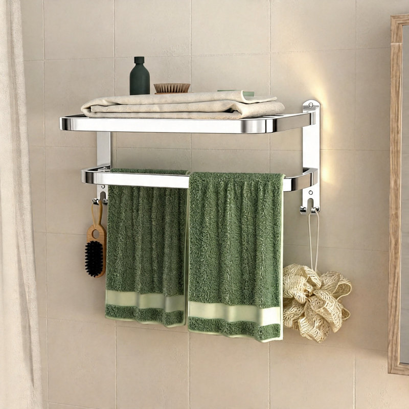Porte-serviettes mural, tablette double avec crochets (argent), Argent