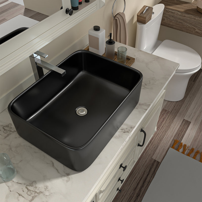 Lavabo de salle de bain vasque rectangulaire en céramique blanche L 24 po x l 15 po, Noir mat, L 16 po x l 12 po