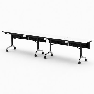 4 tables de formation pliables pour 4 personnes, extra longues pour les colloques et les conférences, avec des plateaux épais de couleur blanche, des pieds pliables et des boîtiers électriques intégrés.
