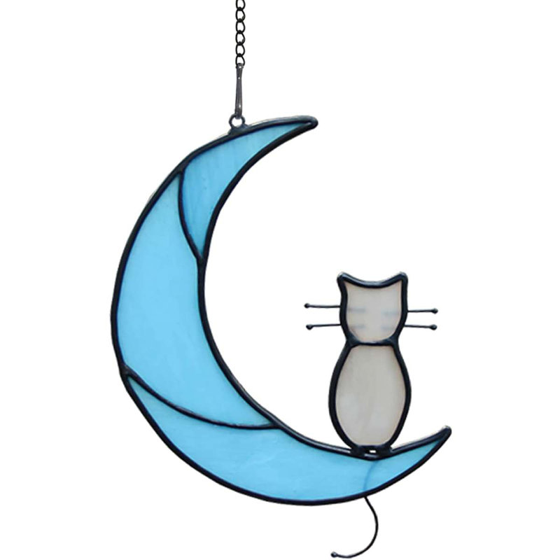 Panneau de fenêtre décoratif en acrylique teinté avec fenêtre et chat, Bleu/Gris