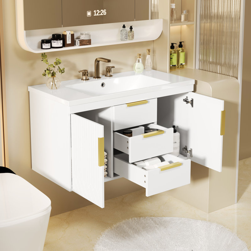 Meuble-lavabo mural de 36 po, conception indépendante, 2 tiroirs, fabrication de haute qualité, glissière lisse, poignées rouille, surface peinte imperméable, lavabo de 36 po x 18 po, peu encombrant, blanc et