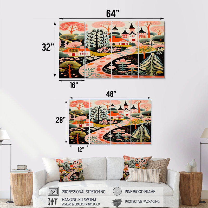 «Flowerful Path To Retro Church Illustration», art mural 4 pièces, H 32 po x l 64 po