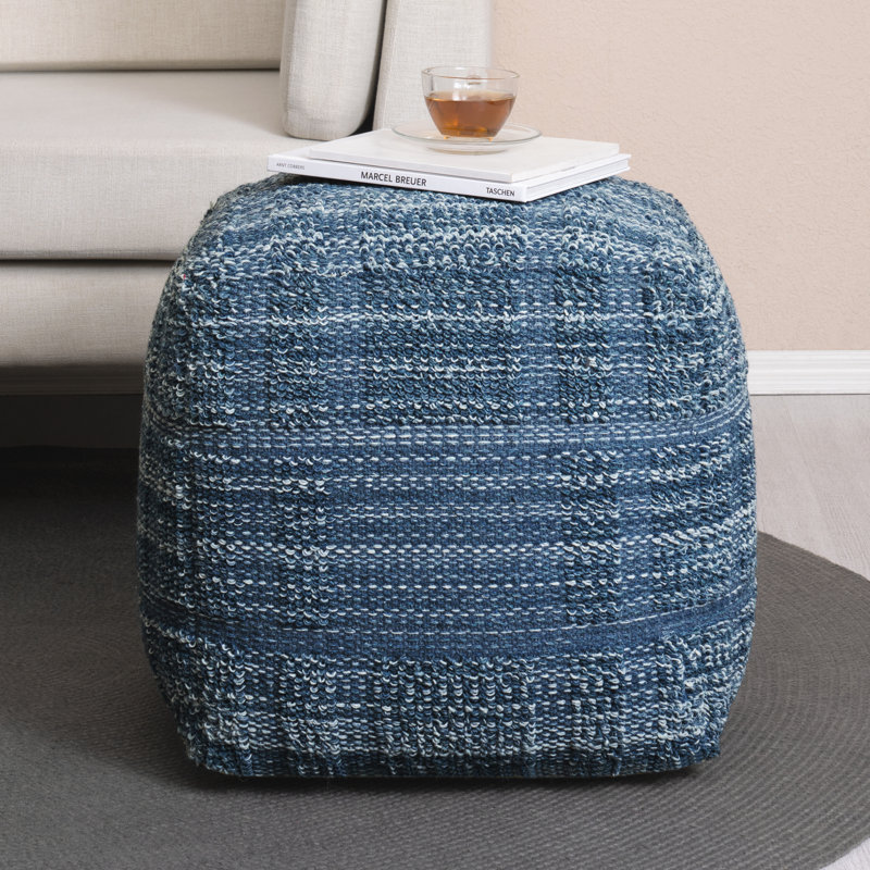 Pouf rembourré ottoman à rayures Yinka de 45,7 cm (18 po) de largeur, Bleu