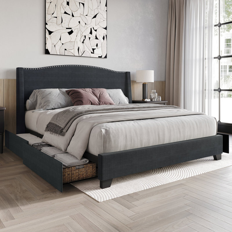 Nikrae Upholstered Wingback Storage Bed, KIng, Charcoal Gray