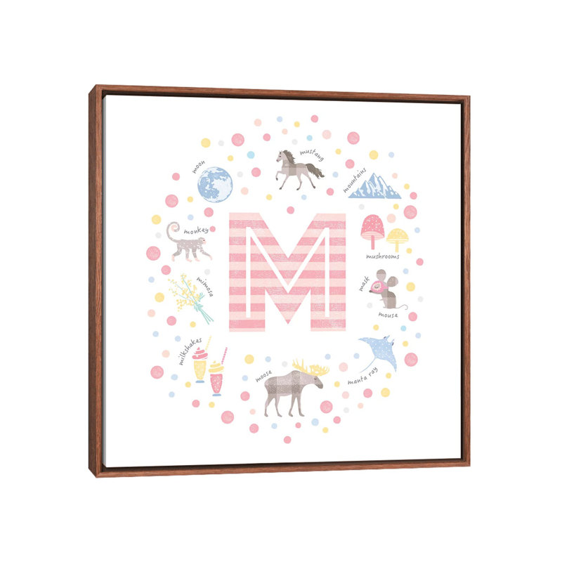 Lettre illustrée M rose - impression, Toile avec cadre brun, Aucun mat, H 18 po x l 18 po x 1,5 po