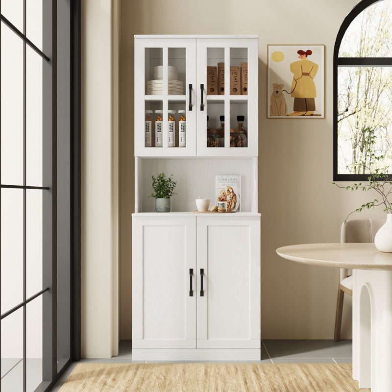 71" H X 23.6" W Kitchen Pantry With Bookcases, Glass Door Kitchen Hutch, White
