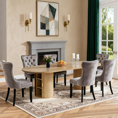 7-Piece Oval Extendable Dining Table Set for 6 with Storage Base, 63"-94.5" Farmhouse Brown Kitchen Table Velvet Chairs Set of 6