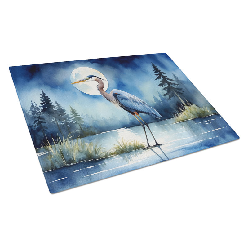 Blue Heron Under the Moonlight Glass Cutting Board