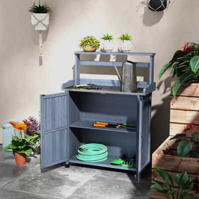 Outdoor Potting Table With Storage, Galvanized Desk, For Backyard, Garden, Gray Bench Steel Surface, Backyard Use,
