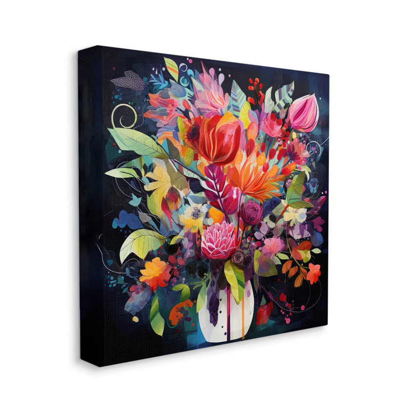 Fleurs modernes sur fond bleu sur toile, H 17 po x l 17 po x P 1,5 po
