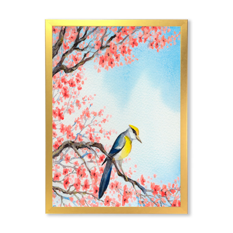 «Beautiful Red Bird on Flowering Branch I», peinture sur toile encadrée, H 32 po x l 16 po x P 1 po, Encadrement doré