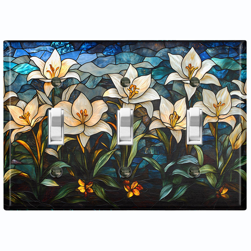 Couvercle de plaque d'interrupteur en métal; Bascule à 3 bandes standard des États-Unis - image imprimée de fleurs de lis en vitrail