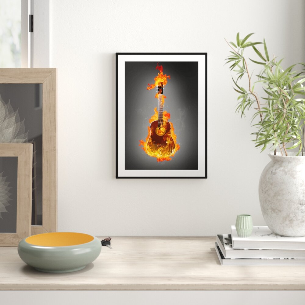 Gerahmtes Poster Brennende Gitarre Heiße Flammen