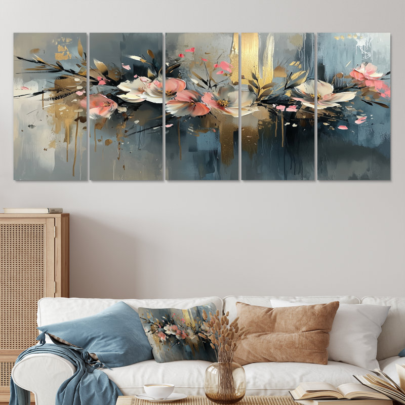 «Mistic Symphony Of Abstract Fuschia Flowers III» - Art mural fuchsia - Art mural traditionnel sur toile, H 32 po x l 80 po
