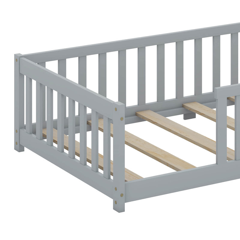 Wood Twin Bed Frame With Fence Guardrails, Grey