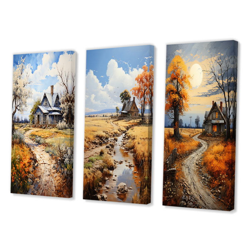 «Farmhouse Country Elegance Pointillism», 3 pièces sur toile, Toile tendue, H 20 po x l 36 po