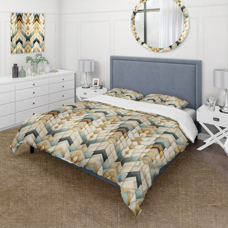 Ensemble de housse de couette à motif de chevrons dorés et bleus Splendor, Housse de couette pour grand lit et 2 taies décor