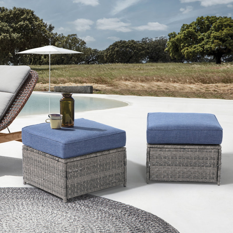 Repose-pieds en osier avec coussin (ensemble de 2), Structure grise / coussin bleu marine