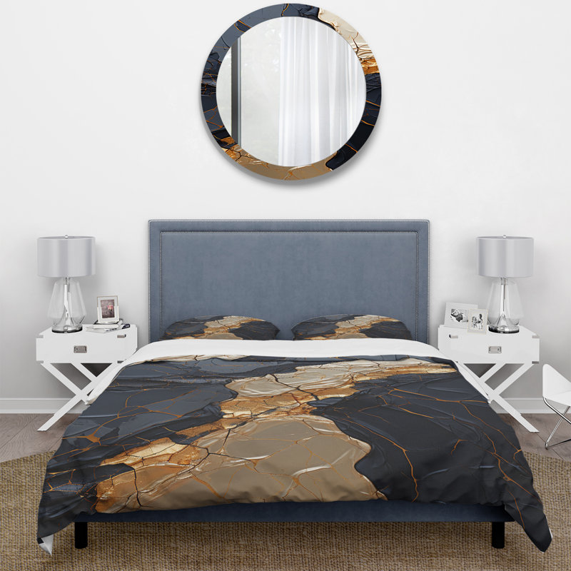 Ensemble de housse de couette Minimalisme chrome or et noir II - Spirales abstraites