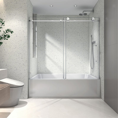 Porte de douche fixe et décalée en nickel brossé sans cadre, grandes poulies de 70 mm en acier inoxydable 304 avec fonction de fermeture en douceur réglable, avec nettoyage facile à utiliser et protection anti-déflagrante