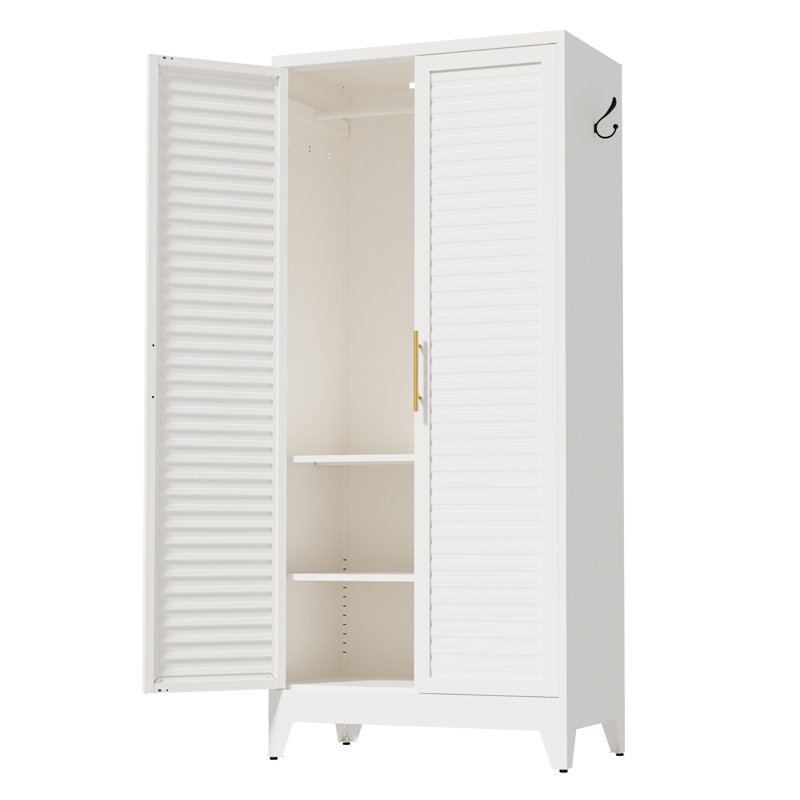 Armoire-penderie en métal blanc avec 2 portes, tablettes réglables et tringle, hauteur de 71 pouces