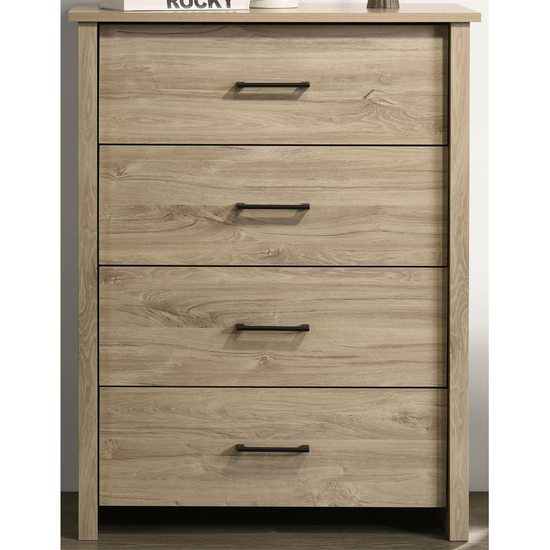 Celeste 32"W Light Oak Finish 4-Drawer Chest With Black Handles, Light Oak