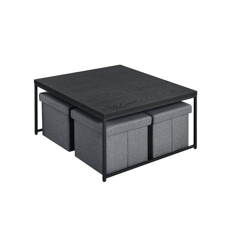 Table basse 35 po à grain de bois noir, 4 tabourets de rangement, plateau de table, base en métal, pieds réglables pour un grain d'élégance attrayant, particularités,
