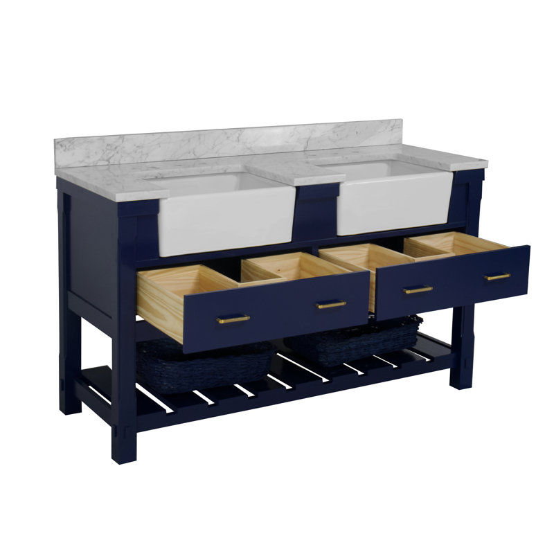Ensemble de meuble-lavabo double 60 po Hitton, Bleu royal, Carrara d'ingénierie